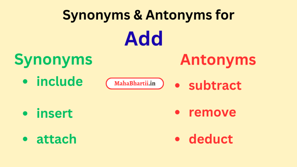 Add - 5 Similar Words, 3 Antonyms with Example Sentences and Marathi ...